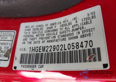 2002 Honda Civic Ex from USA, damaged, VIN 1HGEM22902L058470